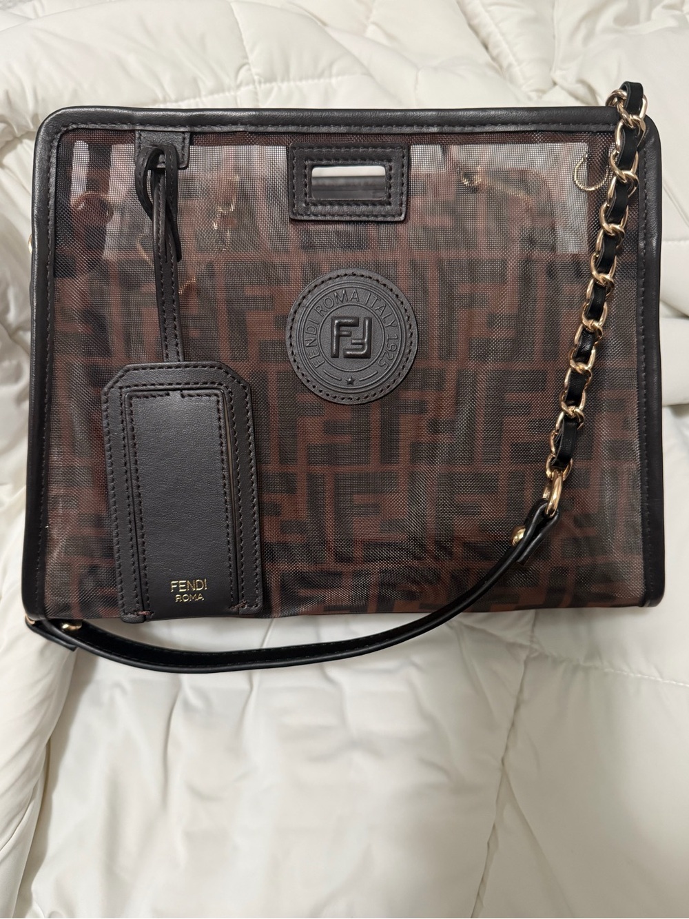 Fendi Brown & Black FF Logo Shoulder Bag with Gold Chain